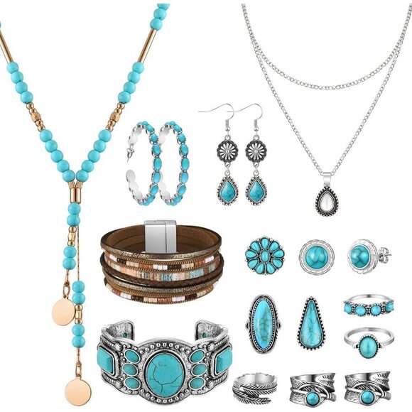 Jewelry - Trendy 15-Pcs Turquoise Jewelry Set - Includes Necklaces, Rings, and More